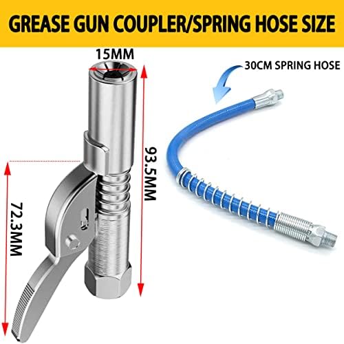 Grease Gun Coupler 2 PCS, Strong Lock on Greases Gun Couplers, 12000 PSI Quick Release Grease Coupler with 12" Spring Flex Hose, Compatible with All Grease Guns 1/8" NPT Grease Gun Fittings