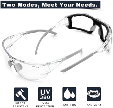 UKNOW Safety Glasses - Anti Fog Wraparound Lenses - Removable Foam Gasket - ANSI Z87.1 Protective Eyewear - Impact Resistant