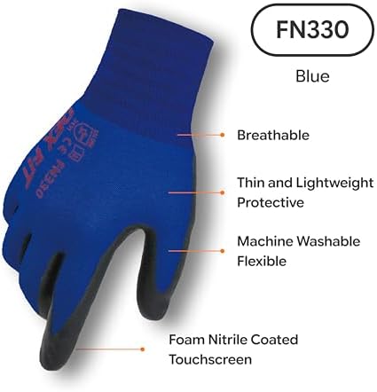 DEX FIT Nitrile Work Gloves FN330, 3D Comfort Fit, Touchscreen Grip Gloves for Warehouse, Construction, Package Handling, Delivery & General Work, Men & Women, Blue, XL, 12 Pairs