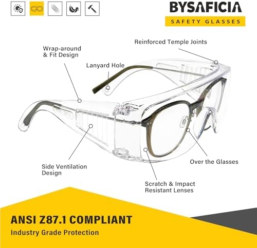 6 Pack Clear Safety Glasses Over Eyeglasses, ANSI Z87.1 Impact Resistant Polycarbonate Lens, Safety Goggles Over Glasses, Protective Eyewear for Lab, Construction, Outdoor Work