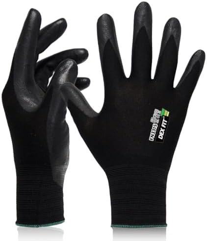 DEX FIT Premium Work Gloves FN331, 3D Comfort Fit, Power Grip, Touchscreen, Nitrile Coated, Mechanic, Security, Outdoor Utility, Safety Grip Gloves for Men and Women, Sandy Black, L, 3 Pairs