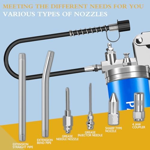 Grease Gun Kit 8000 PSI Heavy Duty 14 OZ Pistol Grip Grease Guns with 19" & 28" Spring Flex Hose,Quick Release Coupler,90 Degree Adapter,2 Needle Tips,2 Nozzles,2 Extension Tubes