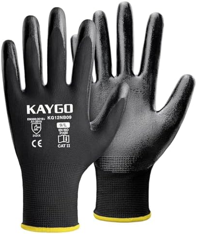 KAYGO Work Gloves for Men and Women, Black Nitrile Coated,KG12N,12Pairs