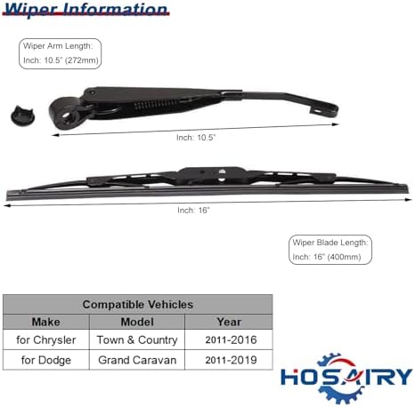 Rear Wiper Arm Blade Set for Dodge Grand Caravan 2011-2019, for Chrysler Town and Country 2011-2016 Rear Windshield Wiper Arm Blade Assembly 68078306AA