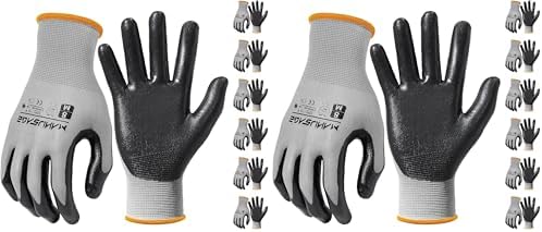 MANUSAGE Safety Gloves for Men and Women - Nitrile Work Gloves With Touchscreen Fingers and Grip - Mechanics Gloves (Size-M, Grey, 6 Pairs)