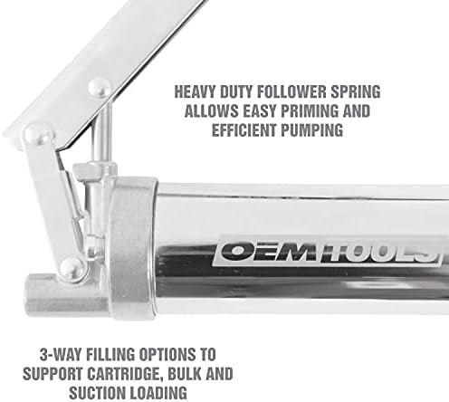 OEMTOOLS 87202 Heavy Duty Dual Pressure Lever Action Grease Gun, 6" Grease Coupler, Grease Gun Kit, Manual Grease Guns, Heavy Duty Cordless Grease Gun