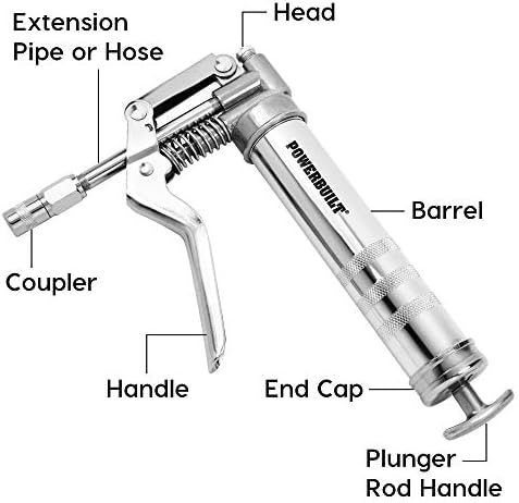 Powerbuilt Mini Pistol Grip Grease Gun with 6 Inch Extension Pipe Attaches at 0 or 90 Degrees, Push Button Air Bleeder Valve; Uses Standard 3 Ounce Cartridges - 648755