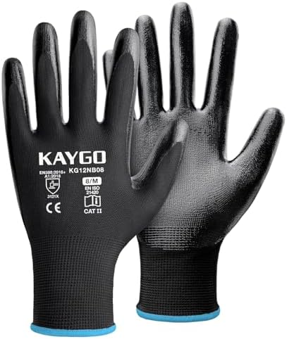 KAYGO Work Gloves for Men and Women, Black Nitrile Coated,KG12N,12Pairs