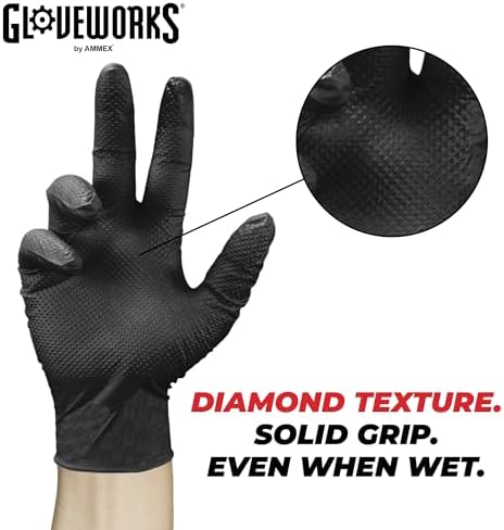 GLOVEWORKS Black Nitrile Gloves 6 Mil Diamond Textured for Mechanic Work