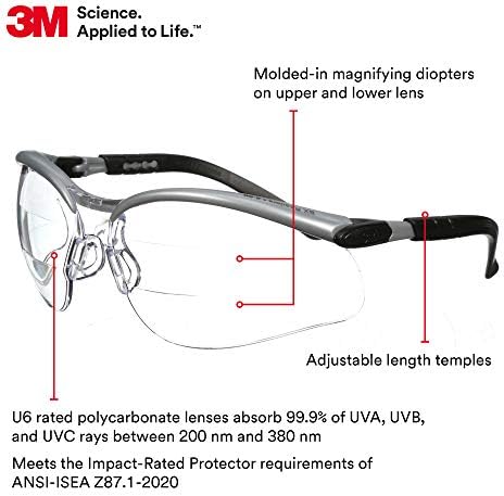 3M Safety Glasses, BX Dual Readers, +2.0, Clear Lens, Silver/Black Frame