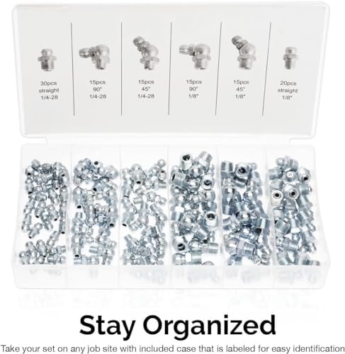 NEIKO 50463A Grease Fitting Assortment | 110 Piece | SAE | Straight and Angled Zerk Kit | A3 Steel | For Angled Grease Guns, Bearing Housings, Mechanical Component Lubrication