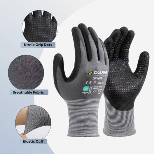 DULFINE Anti-slip 12 Pairs Pack Work Gloves for Men and Women Grey XL