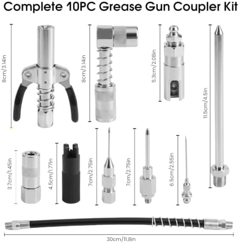 10PCS Grease Gun Accessory Kit, Universal 1/8 NPT Coupler with 12 Inch Hose, Fine & Coarse Needles, 90 Degree Adapter, Dispenser Tip for Automotive Industrial Lubrication