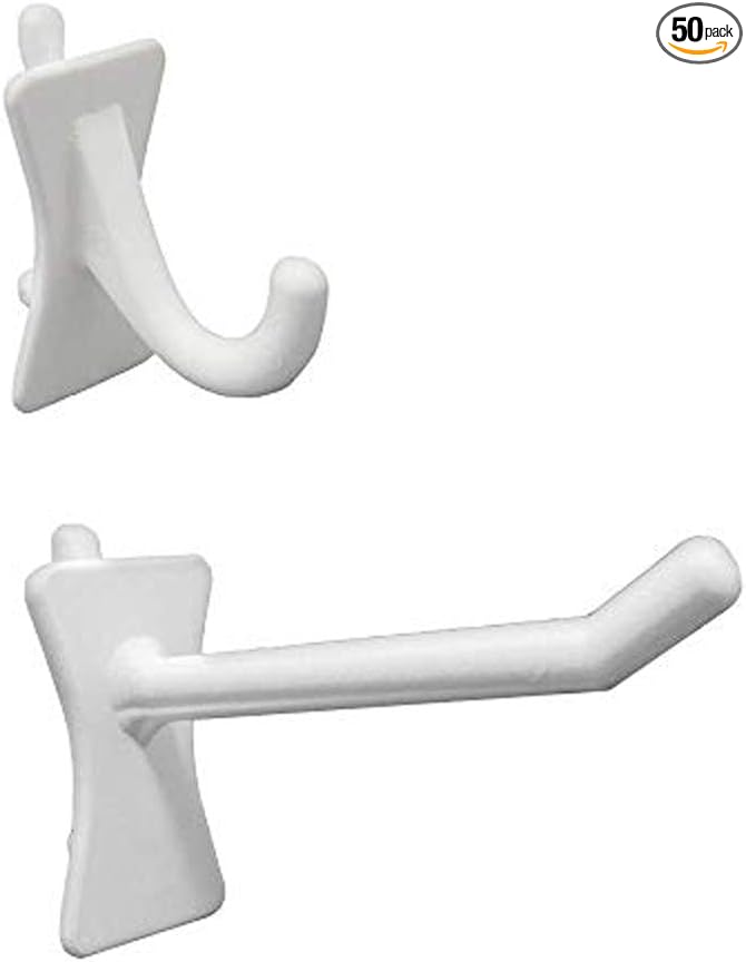 PegPro® J & 2" Hooks Kit for Standard “Wood Fiber” pegboard – Durable Plastic Pegboard Hooks - for Garage, Kitchen, Craft Room, and More (J & 2" Hook - 50 Pack, White)