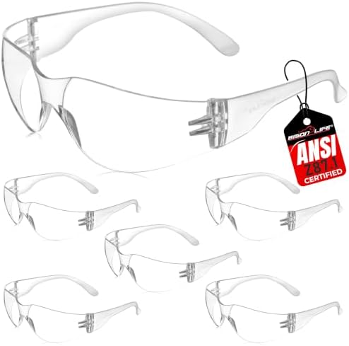 BISON LIFE Clear Safety Glasses for Men & Women, ANSI Z87.1 Certified, 6 Pk