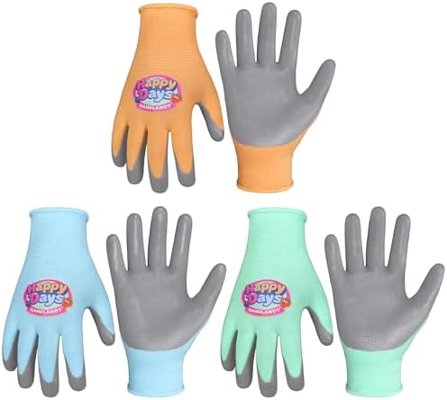 HANDLANDY 3 Pairs Kids Gardening Gloves, Grippy Kids Work Gloves, S