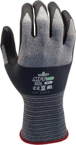 SHOWA MFT Pro 381 Microfiber Work Gloves with Oil-Resistant Foam Nitrile Palm Coating, Latex-Free, Mechanics Glove, Black, Large, 1-Pair