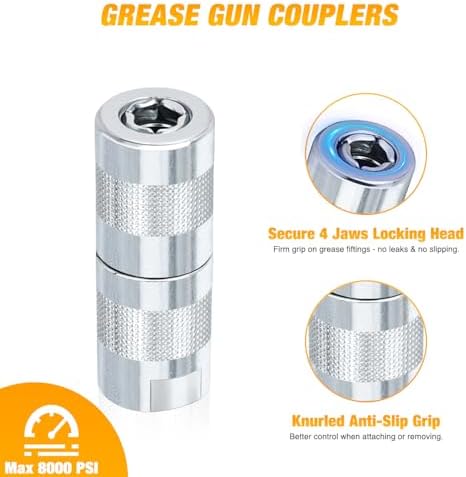 GOOACC Grease Gun Coupler Quick Locking Grease Gun Tips Sturdy Steel 8000 PSI Grease Gun Fittings Fits All 1/8" NPT Threads SAE Metric Zerk Fittings for Automotive Car Ship Machinery Truck Farm, 2 PCS