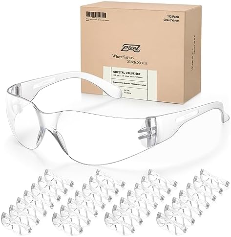 112 Pack Safety Glasses Crystal Clear (Bulk Pack of 24+4) Unisex Anti-Scratch Protective Goggles Impact Resistant Lens Eyewear with ANSI Z87.1 Certified for Construction, Shooting and Laboratory