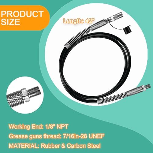 Upgrade DCGG5703-42 42 Inch Grease Gun Hose compatibles with DE-WALT 1/8" NPT Handheld Grease Gun,10, 000 PSI.(With Hp Coupler,Free dust cap)
