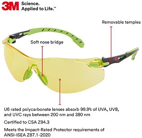 3M Safety Glasses, Solus 1000, Scotchgard Amber Lens, Green/Black Frame