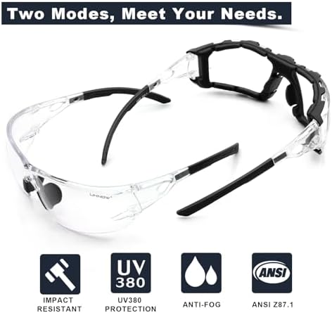 UKNOW Safety Glasses - Anti Fog Wraparound Lenses - Removable Foam Gasket - ANSI Z87.1 Protective Eyewear - Impact Resistant