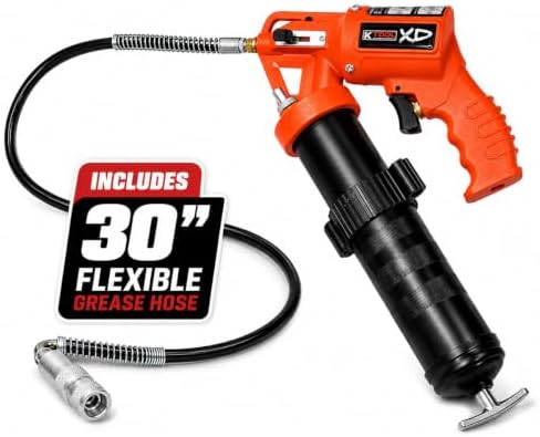 K Tool International XD73901 Pneumatic Grease Gun, Pistol Grip with 30" Flexible Hose and Coupler, Angled Ergonomic Design, Bulk Loader Head with Air Bleeder, 14 oz Cartridge or 500 cc Bulk Fill