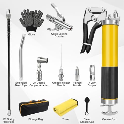 8000 PSI Grease Gun Kit,Quick-Release Coupler, 90° Adapter,14 oz