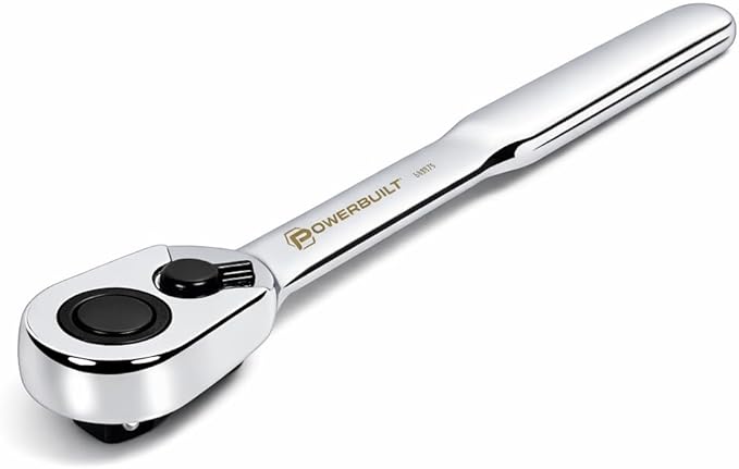 Powerbuilt Low Profile Ratchet, 3/8 Inch Drive, Slim Design Tight Spaces, Quick Thumb Button Socket Release, 649975, Silver