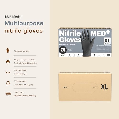 SUP Med Plus™ Nitrile Gloves, 5 Mil Powder-Free Disposable Black 75 | 750Ct