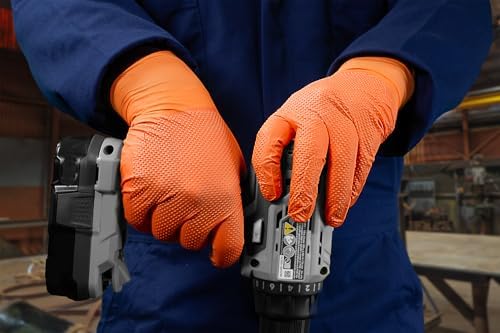GLOVEWORKS Industrial Orange Disposable Gloves, Flock-Lined Nitrile Gloves, Raised Diamond Textured Grip, 8 mil
