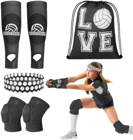 6 Pcs Volleyball Knee Pad and Arm Sleeve Volleyball Accessories Protection Equipment Stuff Forearm Elbow Sleeve Wrist Guard with Protection Pad and Thumb Hole for Women Men Training