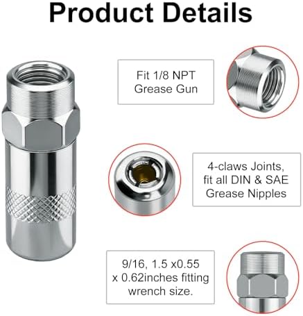 8PCS Heavy Duty Grease Gun Coupler Fittings and Tips Set 1/8" NPT
