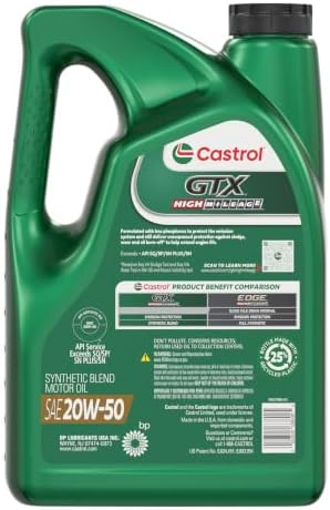Castrol GTX High Mileage 20W-50 Synthetic Blend Motor Oil, 5 Quarts