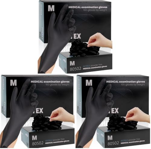 FINITEX - Black Nitrile Disposable Gloves, 5mil, Powder-free, Medical Exam Latex-Free 100 PCS For Examination Home Cleaning Food Glove (Medium) (Pack of 3)