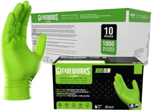 GLOVEWORKS HD Green Gloves, 8 Mil, Disposable Heavy Duty Raised Diamond Grip, Latex Free Mechanic Glove, Large, Case of 1000