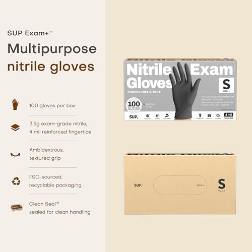 Nitrile+ SUP Exam Plus Gloves, Powder-Free Disposable, Black 100 Count
