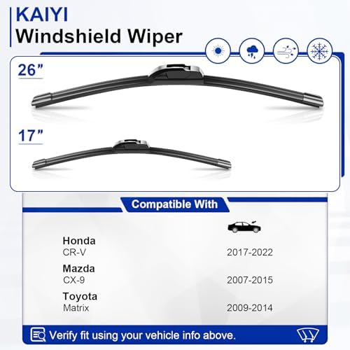 KAIYI 26" + 17" Windshield Wipers Compatible with Honda CR-V 2017-2022,Mazda CX-9 2007-2015,Toyota Matrix 2009-2014 Premium Automotive Replacement Windshield Wiper Blades 2 Pack