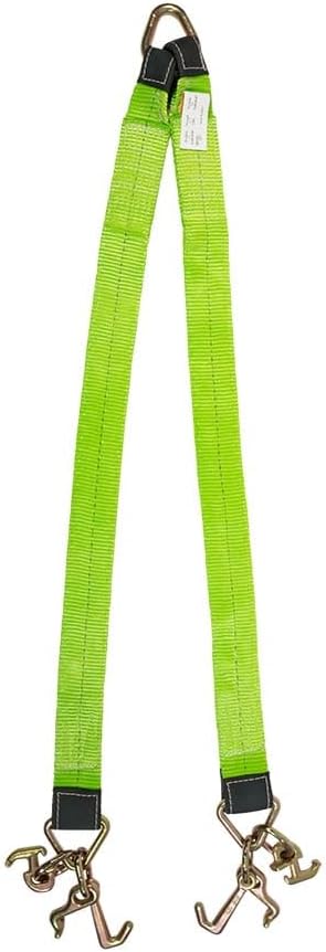 Mytee Products Tow Straps V Bridle 3" x 48" w/RTJ Clusters, Hi VIZ/HI Abrasion Green Webbing, 5400 lbs WLL | Recovery V Strap w/Reinforced Webbing for Towing, Wrecker, Rollback, Car Hauler
