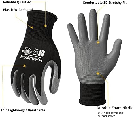 MANUSAGE Nitrile Work Gloves with Touchscreen Fingers - Safety Gloves for Men and Women (Size XL, Black, 6-pairs)