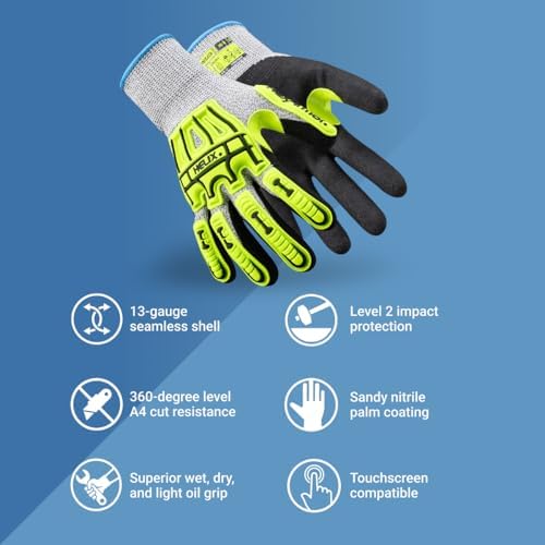 HexArmor Safety Gloves with Impact Protection | Sandy Nitrile Palm Coating | A4 Level Cut-Resistance | High Abrasion-Resistance | 13-Gauge Seamless Knit | Touchscreen Compatible | Helix 1075 | Medium