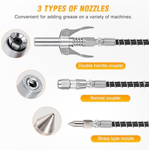 GOOACC Grease Gun Heavy Duty Pistol Grip Grease Gun Kit with Quick Release Coupler 18" Spring Flex Hose Nozzle Rigid Pipe, 8000PSI 14oz Grease Guns Tool for Automotive Farm Industrial Marine Equipment