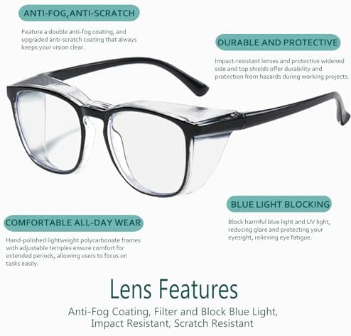 Feaglo Safety Glasses, Anti Fog Safety Goggles for Women Men, Blue Light Blocking Stylish Eye Protection Glasses Side Shield