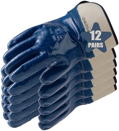 12 Pairs Nitrile Coated Safety Work Gloves, Fuel Gloves for Oil Hauler Blue Chemical & Water Resistant Gloves