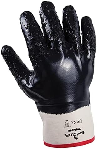 SHOWA 7166R Fully Coated Nitrile General Purpose Work Glove with Cotton Jersey Liner, Chemical & Oil Safety Protective Gear, Waterproof Gloves with Rough Grip, Large, 12-Pack