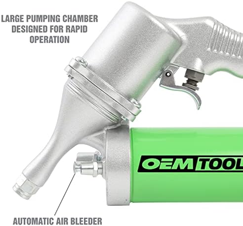 OEMTOOLS 87205 Pneumatic Grease Gun, Continuous Lubrication for Automotive and Industrial Equipment, 6000 PSI Air Grease Gun with 18 Inch Hose and Coupler, Supports Cartridge and Bulk Loading
