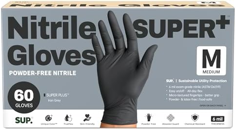 SUPER+ Black Nitrile Gloves HEAVY DUTY 6 Mil Disposable Chemical Resistant Powder & Latex Free Medical Food Safe, 60/600 Ct