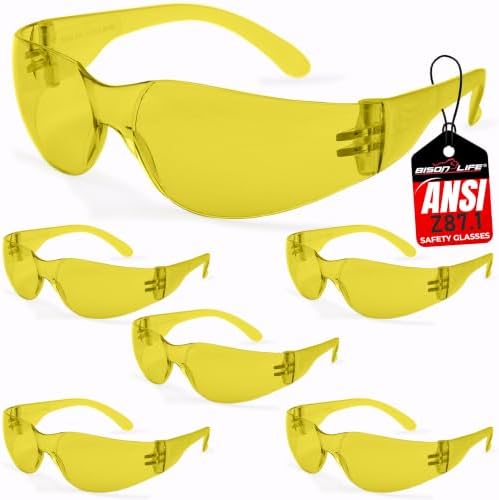 BISON LIFE Yellow Safety Glasses for Men & Women, Bulk, ANSI Z87.1, 6 Pack