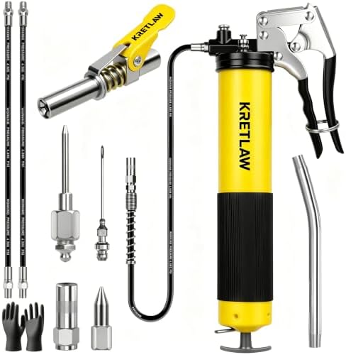KRETLAW Grease Gun, 7000 PSI Heavy Duty Professional Pistol Grip Grease Gun Kit 14 OZ with Coupler, Double Grease Injector Needles, 18" & 2pc 12" Flex Hoses and Reinforced Glove, Yellow