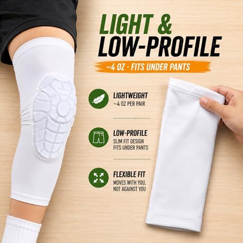 AceList Kids Knee Pads for Youth Ages 4-15, Honeycomb Padded Knee Sleeves for Basketball Baseball Football Volleyball Wrestling Cycling, Anti-Slip Stay-Up Protective Gear, 1 Pair (Size XL White)